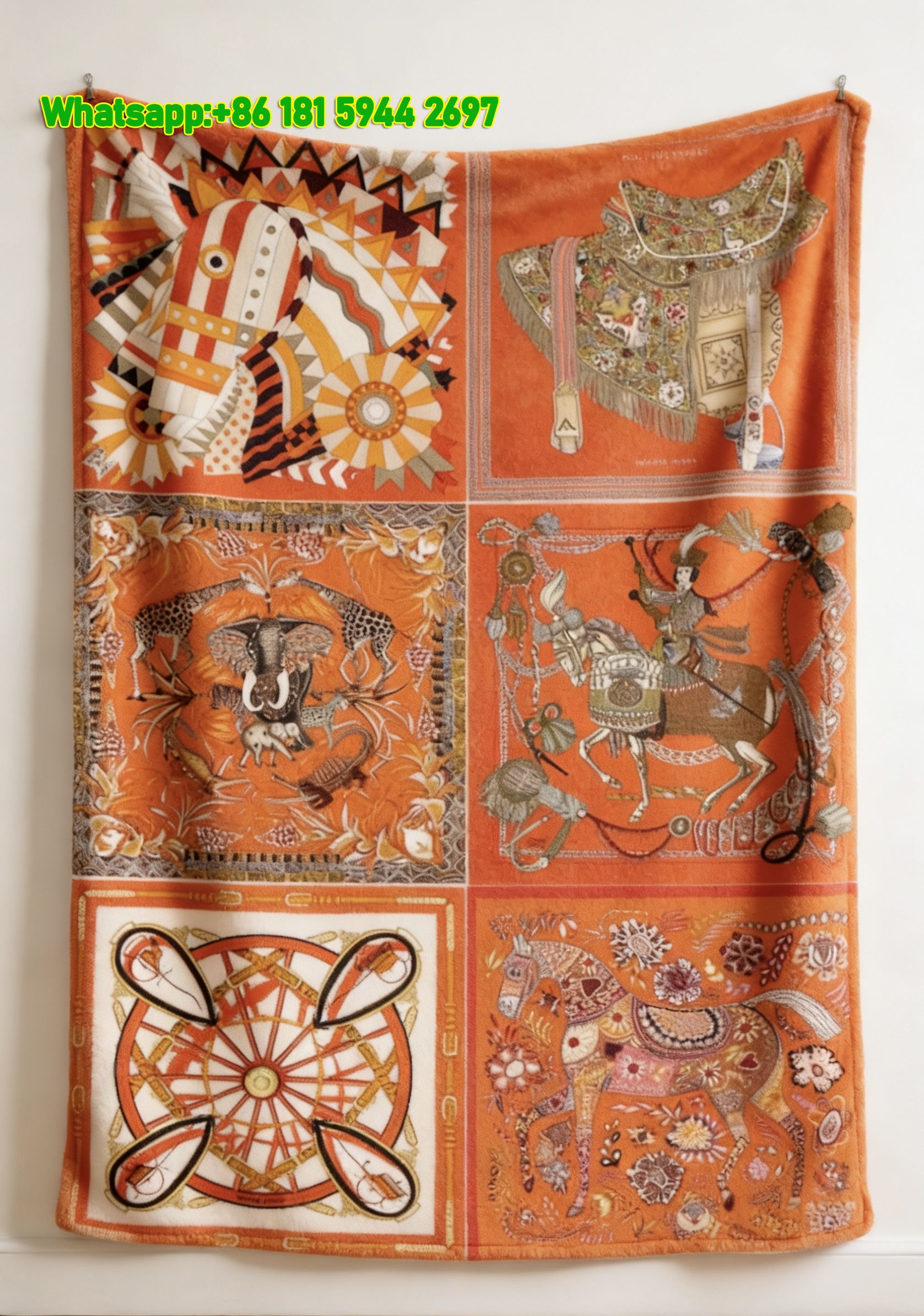 Hermes Orange Luxury Scarf Print Collage Flannel Sofa Throw Blanket IMG_5339